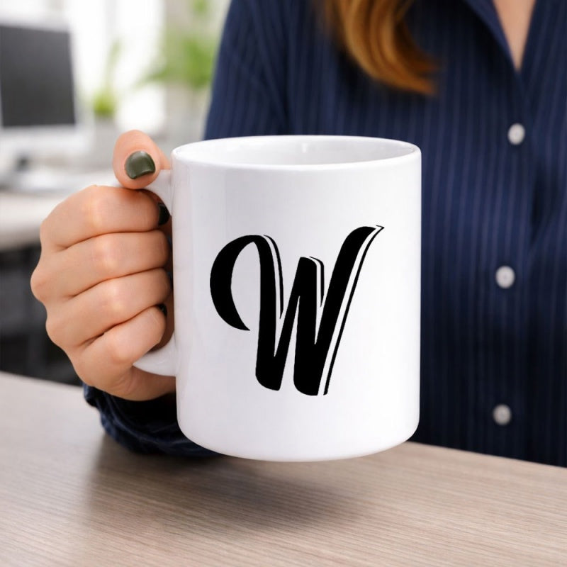 Tailorly White Ceramic 11 oz Mug - W Stylized Black Script Character On A Glossy