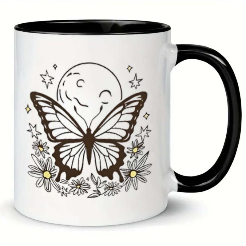 Tailorly Black Accent 11 oz Mug - moon and flowers