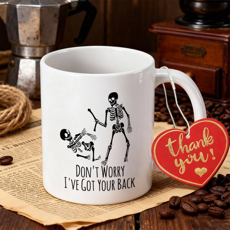 Tailorly White Ceramic 11 oz Mug - Don't Worry I've Got Your Back Minimalist Line Art Featuring Two Playful Funny Dancing Skeleton
