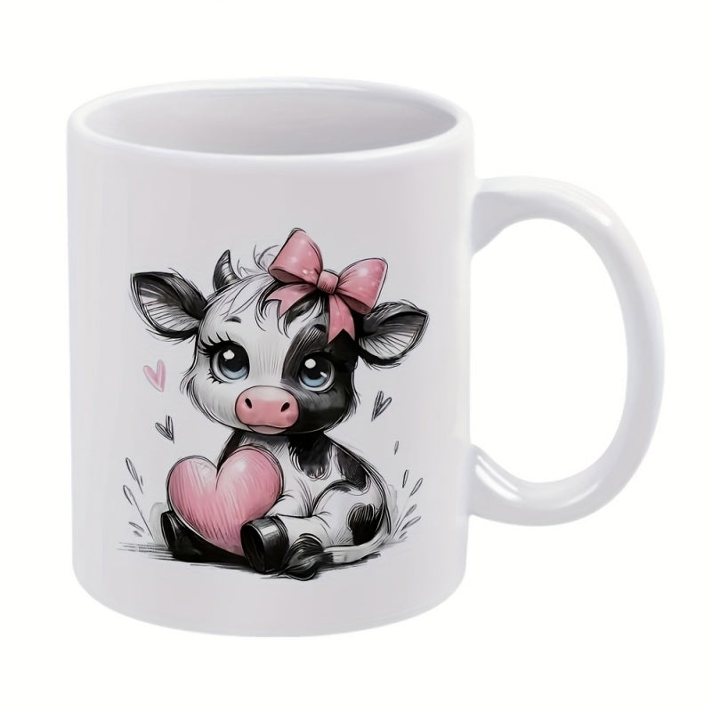 Tailorly White Ceramic 11 oz Mug - Adorable Spotted Calf With Pink Ribbon Holding Large Heart Cow