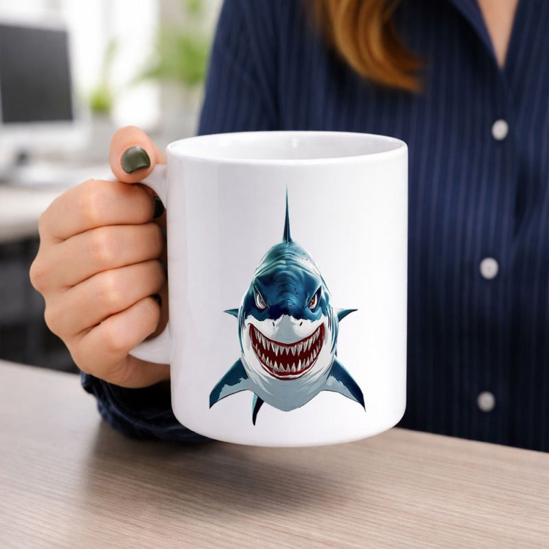 Tailorly White Ceramic 11 oz Mug - Fierce Great White Shark With Sharp Teeth Smiling Among Deep Blue Ocean Waves Shark