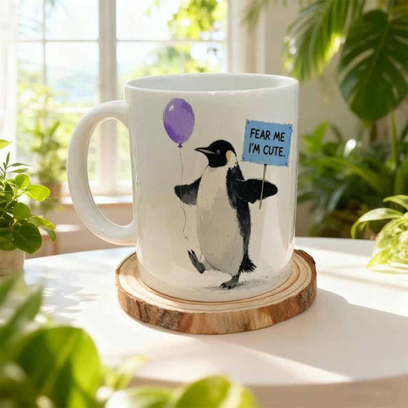 Tailorly White Ceramic 11 oz Mug - Fear Me Im Cute Adorable Walking With Purple Balloon And Small Blue Sign Penguin
