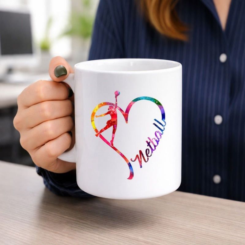 Tailorly White Ceramic 11 oz Mug - Netball Colorful Watercolor Heart Featuring A Dynamic Athletic Silhouette Of A Player