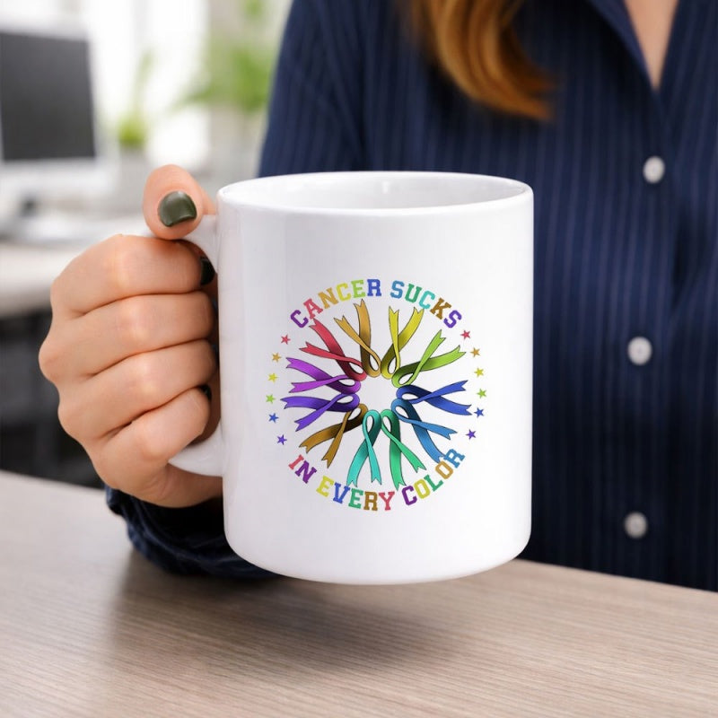 Tailorly White Ceramic 11 oz Mug - Cancer Sucks In Every Color Vibrant Multicolored Awareness Ribbons Formed Into A Circular Wreath Ribbon
