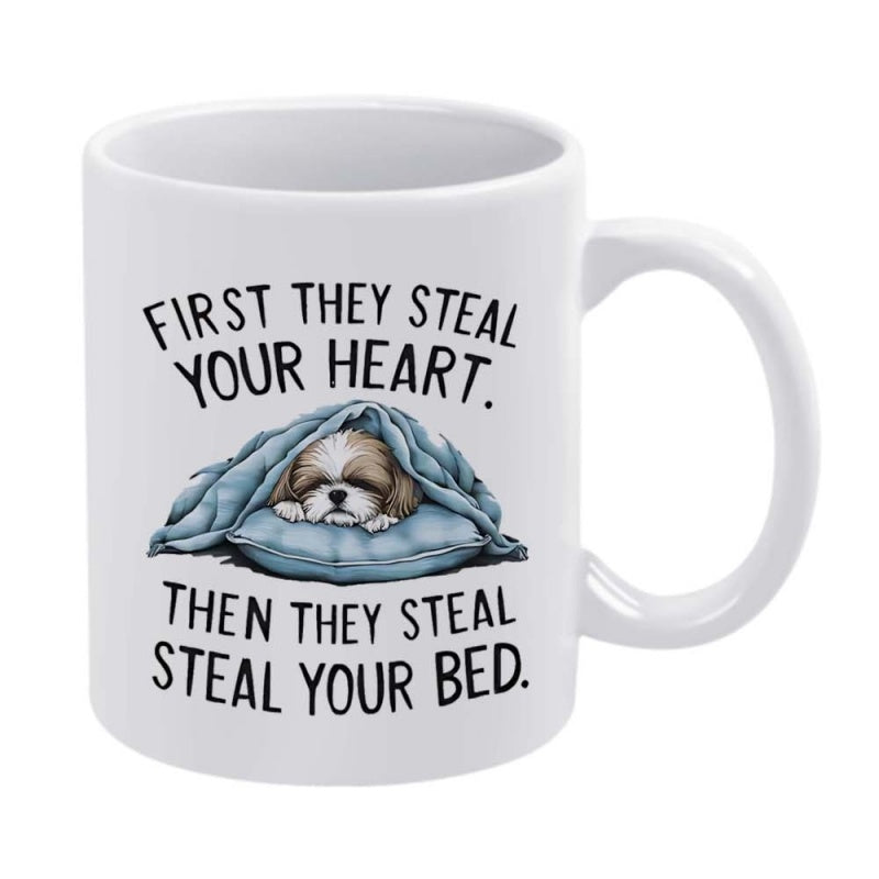 Tailorly White Ceramic 11 oz Mug - First They Steal Your Heart Then They Steal Steal Your Bed Adorable Small Brown Puppy Sleeping Under Cozy Blue Blanket Puppy