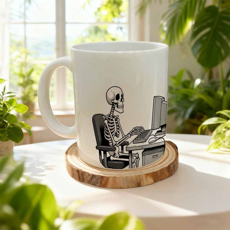 Tailorly White Ceramic 11 oz Mug - Sitting At Office Desk Working On Computer Monitor Keyboard Skeleton