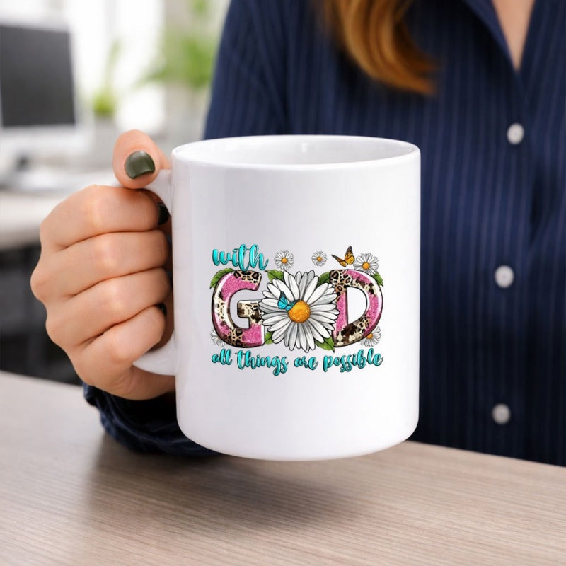 Tailorly White Ceramic 11 oz Mug - With God All Things Are Possible Blooming White Daisy Flowers With Colorful Butterflies In Spring Garden Mug