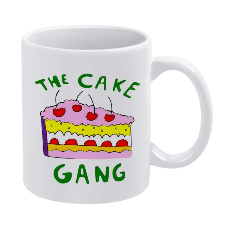 Tailorly White Ceramic 11 oz Mug - The Cake Gang Delicious Layered Dessert With Pink Frosting And Bright Red Cherries Cake