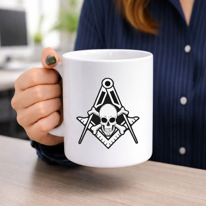 Tailorly White Ceramic 11 oz Mug - Iconic Black Masonic Square And Compass With Central Bone Skeleton Skull