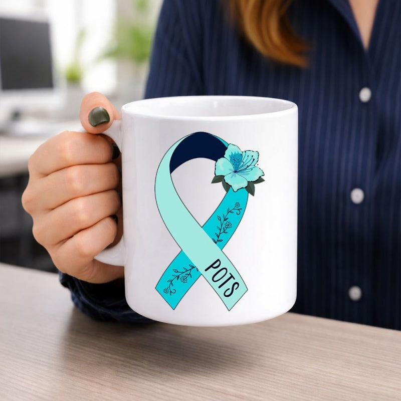 Tailorly White Ceramic 11 oz Mug - POTS Elegant Teal Awareness Design With Delicate Blue Flower And Branches Ribbon