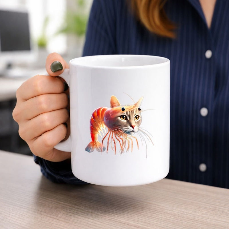Tailorly White Ceramic 11 oz Mug - Surreal Hybrid Creature With Feline Head And Segmented Orange Shell Shrimp