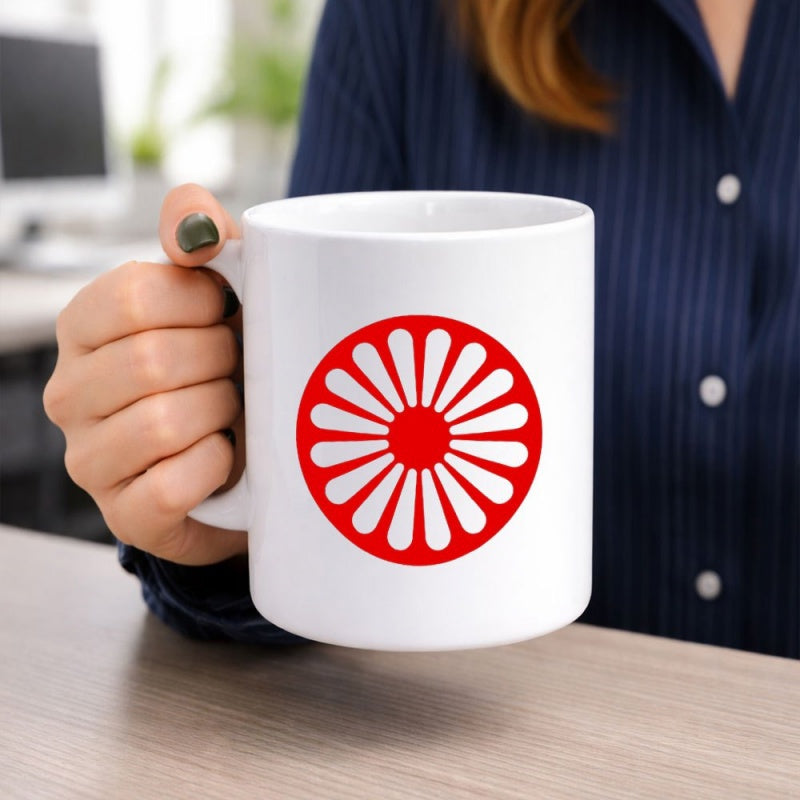 Tailorly White Ceramic 11 oz Mug - Vibrant Red Traditional Spoke Wheel Symbol On Glossy