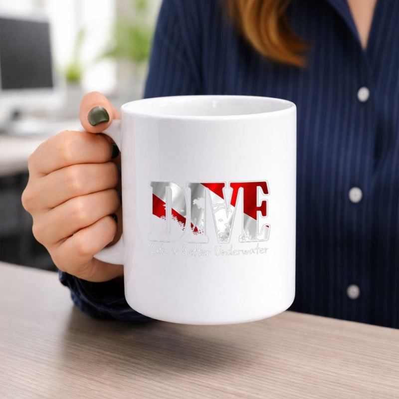 Tailorly White Ceramic 11 oz Mug - Dive Life Is Better Underwater Red And White Distressed Scuba Diving Flag Graphic Mug