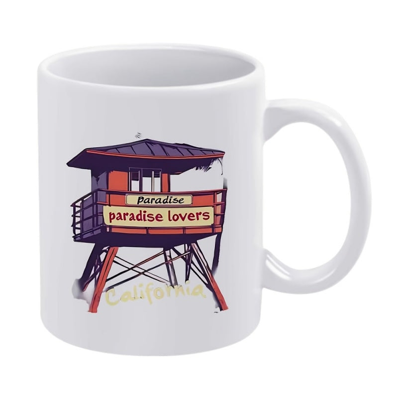 Tailorly White Ceramic 11 oz Mug - Paradise Lovers California Vibrant Sunset Colored Coastal Lifeguard Station Under Clear Skies Tower