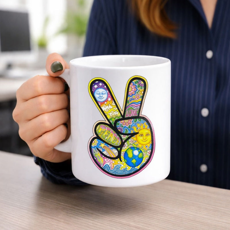 Tailorly White Ceramic 11 oz Mug - Vibrant Psychedelic Patterns Featuring Celestial Sun Moon And Earth Elements Inside Hand