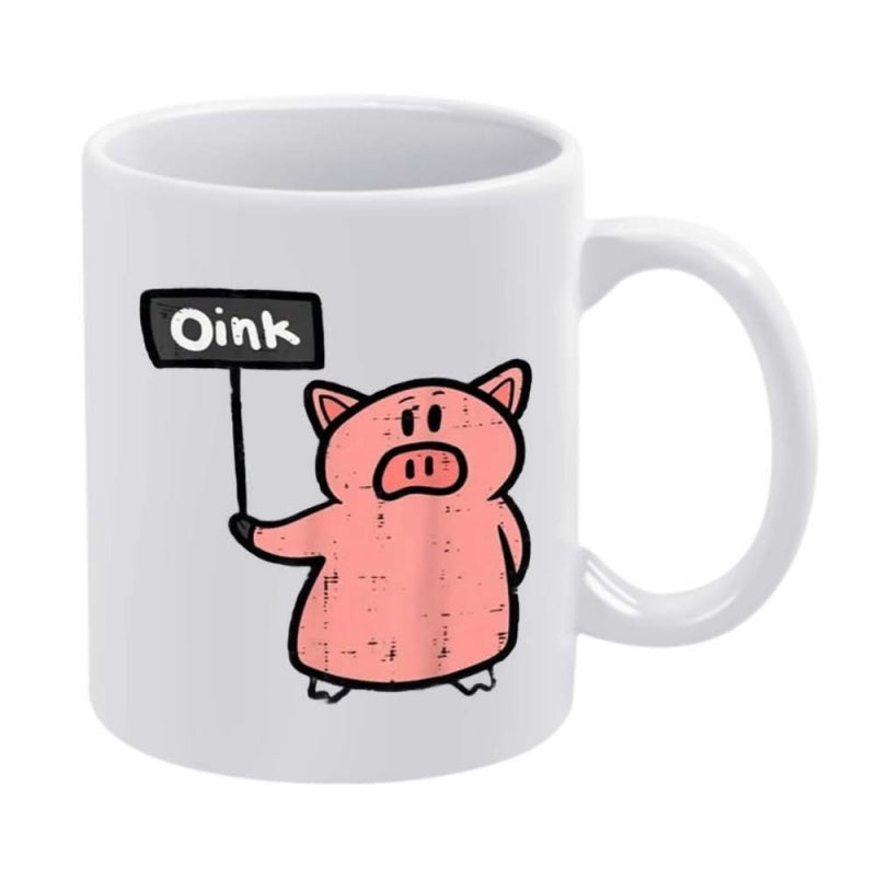 Tailorly White Ceramic 11 oz Mug - Oink Hand Drawn Artistic Pink Animal Holding Simple Information Sign Pig