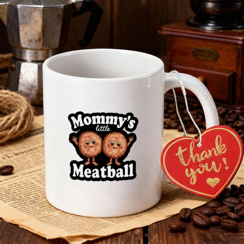 Tailorly White Ceramic 11 oz Mug - Mommy's Little Meatball Two Cute Smiling Cartoon Food Characters Waving With Tiny Arms Meatball