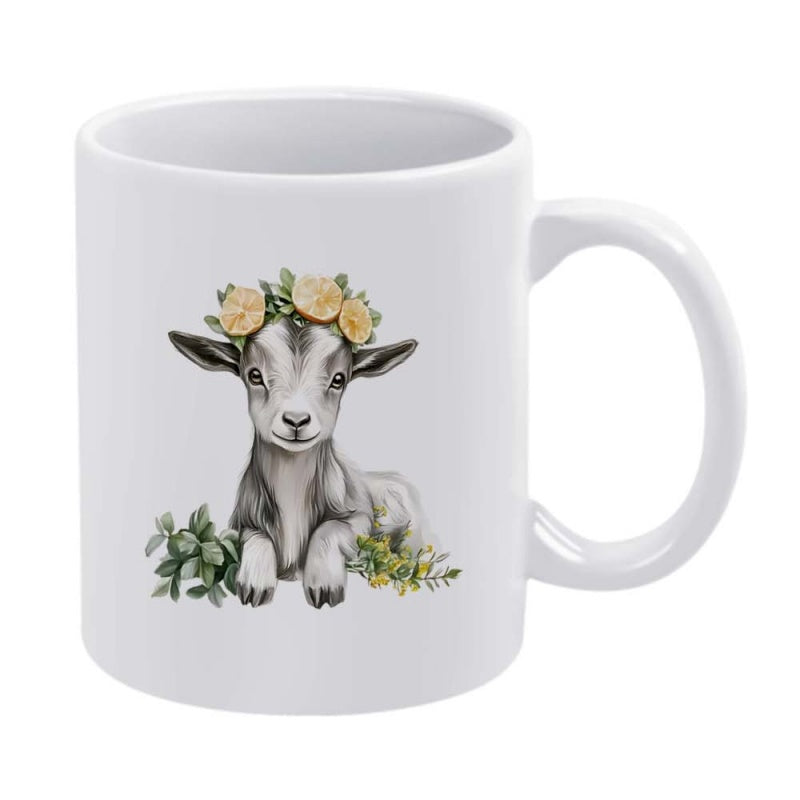 Tailorly White Ceramic 11 oz Mug - Adorable Watercolor Sitting Baby Wearing Yellow Floral Crown Among Leaves Goat