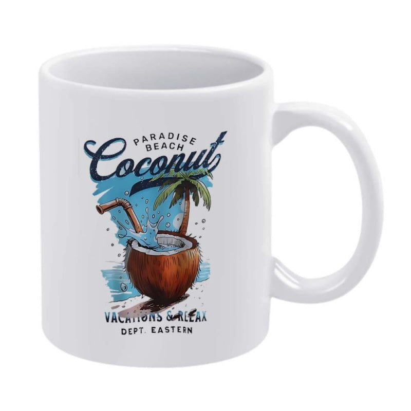 Tailorly White Ceramic 11 oz Mug - Paradise Beach Coconut Vacation Calls Dept Eastern Refreshing Tropical Summer Vibe With Palm Trees And Splashing Blue Water