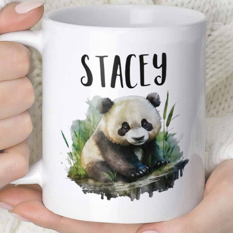 Tailorly White Ceramic 11 oz Mug - Stacey Cute Watercolor Baby Sitting Among Green Grass Near Water Panda