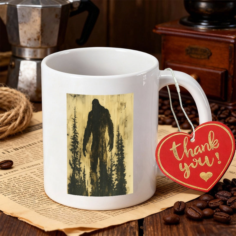 Tailorly White Ceramic 11 oz Mug - Mysterious Legend Walking Through Dense Pine Trees In Wilderness Bigfoot