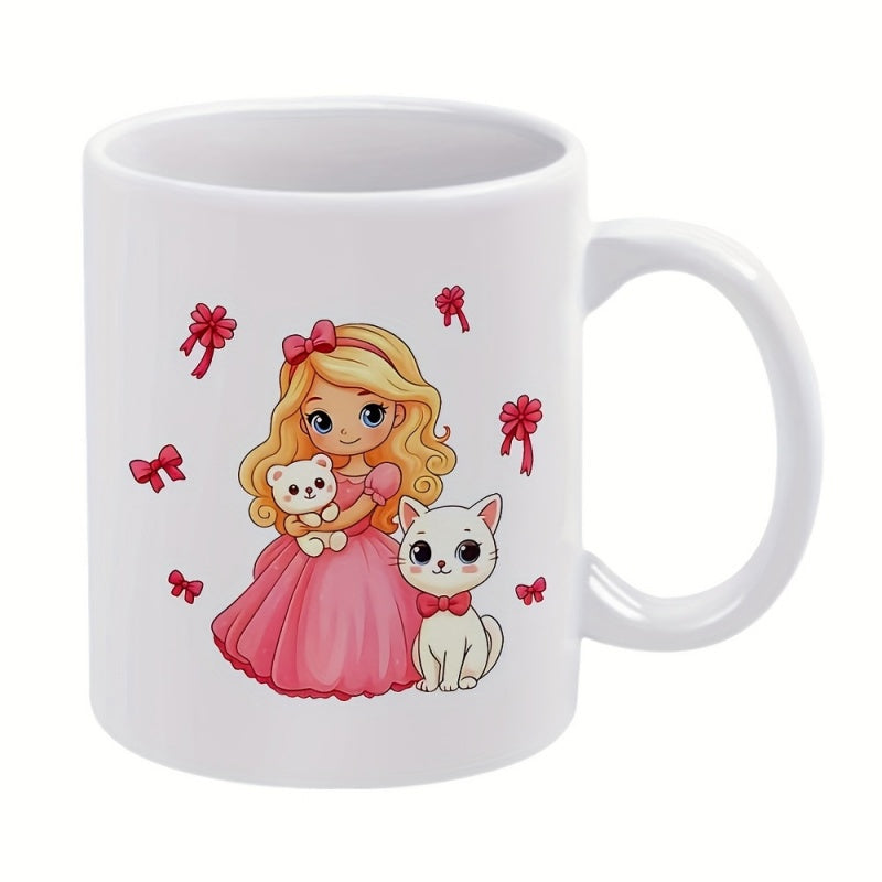 Tailorly White Ceramic 11 oz Mug - Charming Blonde Princess In Pink Gown Holding Small Teddy Near White Kitten Girl