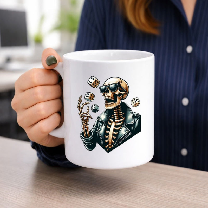 Tailorly White Ceramic 11 oz Mug - Cool Edgy Stylized Character Wearing Leather Jacket Sunglasses Juggling Flying Dice Skeleton