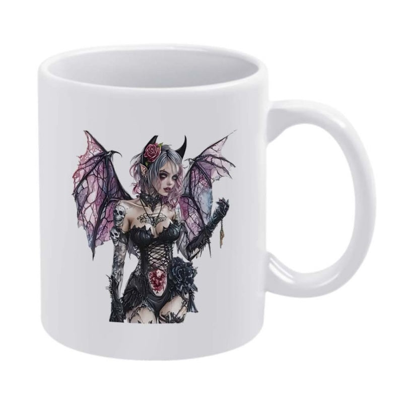 Tailorly White Ceramic 11 oz Mug - Dark Gothic Woman With Tattered Bat Wings Wearing Elaborate Corset Succubus