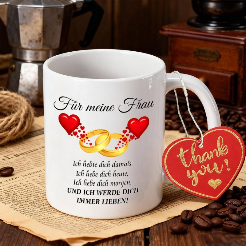 Tailorly White Ceramic 11 oz Mug - Thank You Interlocking Golden Bands Surrounded By Radiant Floating Small Red Hearts Rings