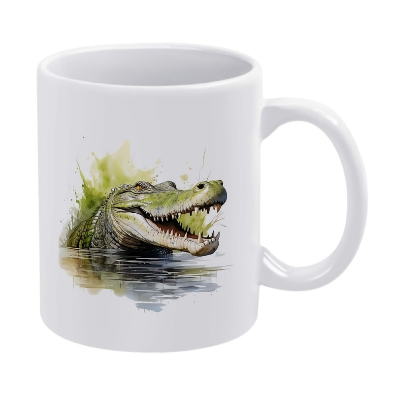Tailorly White Ceramic 11 oz Mug - Realistic Watercolor Style Alligator Head Emerging From Calm River Waters Alligator