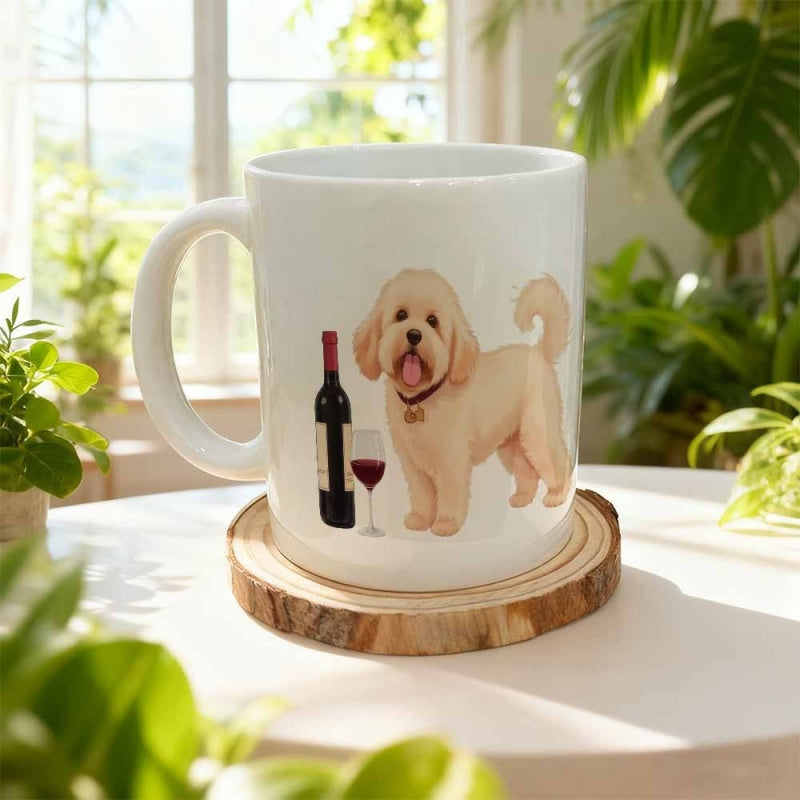 Tailorly White Ceramic 11 oz Mug - Adorable Fluffy Golden Dog Standing Beside Red Wine Bottle And Glass Dog