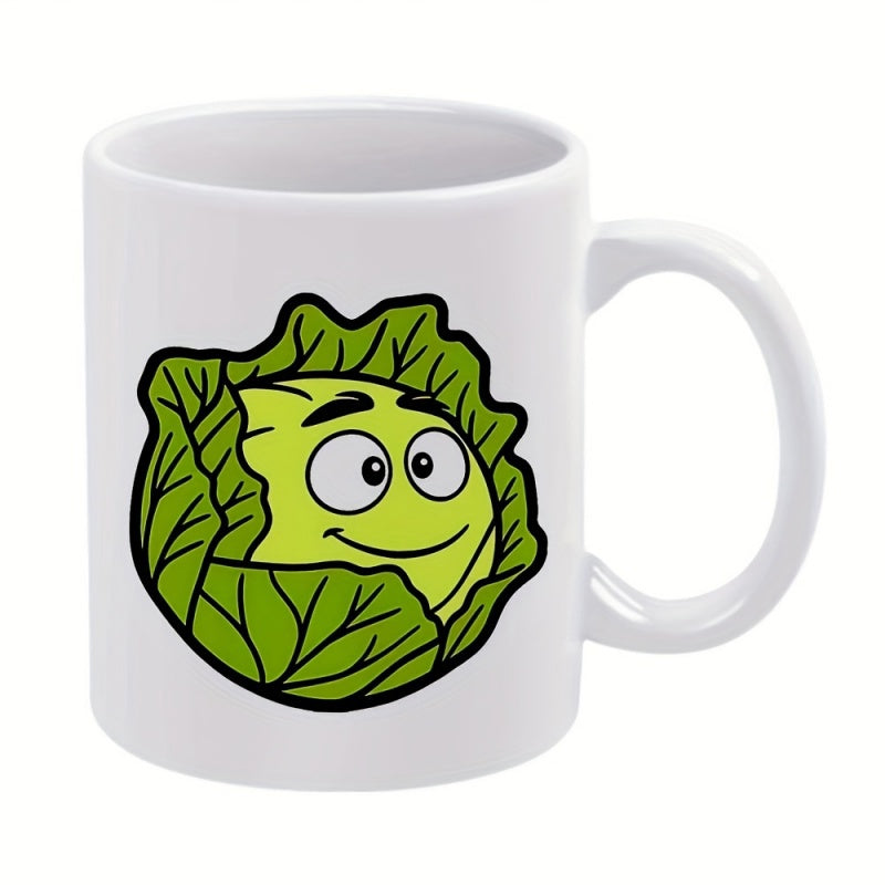 Tailorly White Ceramic 11 oz Mug - Cartoon Vegetable With Happy Smiling Face Wrapped In Green Leafy Layers Cabbage