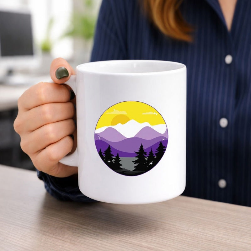 Tailorly White Ceramic 11 oz Mug - Minimalist Circular Design Featuring Purple Mountains And Silhouetted Evergreen Pine Trees Landscape