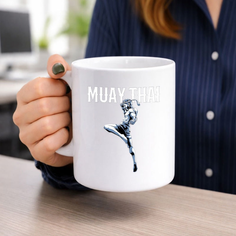 Tailorly White Ceramic 11 oz Mug - Muay Thai Powerful Athletic Figure Performing Dynamic Knee Strike In Traditional Action Fighter