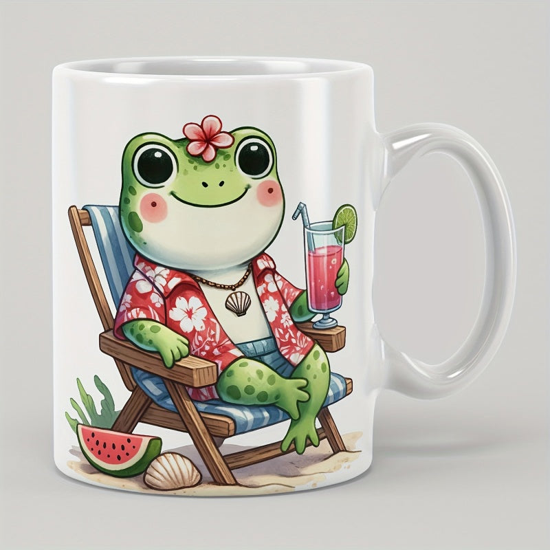 Tailorly White Ceramic 11 oz Mug - Cheerful Tropical Cartoon Style Relaxing On Beach Chair With Summer Drink Frog
