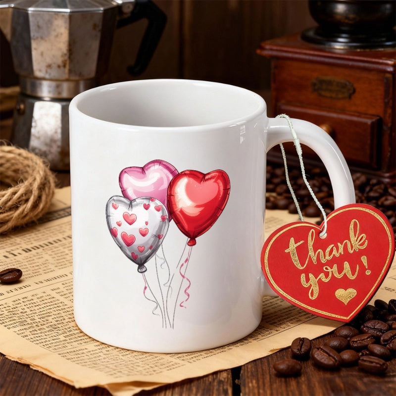 Tailorly White Ceramic 11 oz Mug - Thank You Three Festive Heart Shaped Balloons Tied With Elegant Thin Strings Balloons