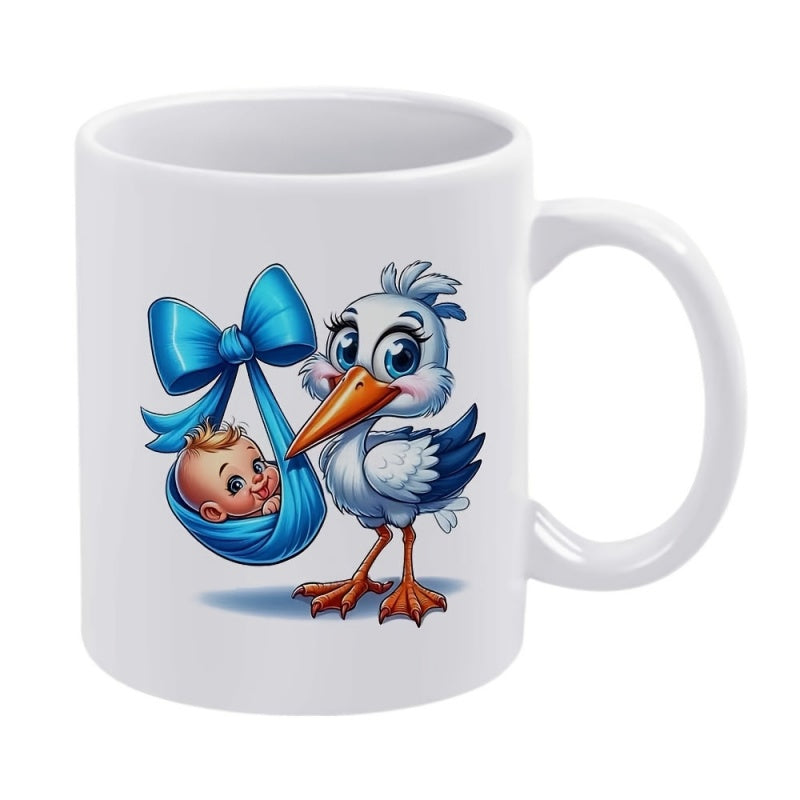 Tailorly White Ceramic 11 oz Mug - Cute Baby In Blue Bundle Carried By A Charming Cartoon Stork