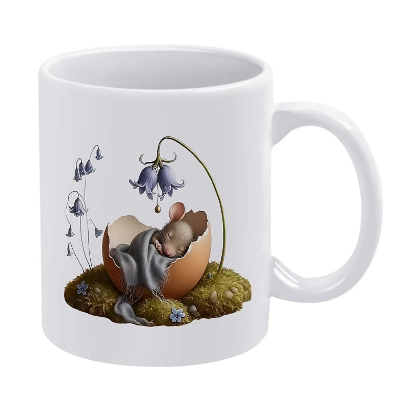 Tailorly White Ceramic 11 oz Mug - Tiny Sleeping Inside A Broken Eggshell Under Bluebell Flowers Mouse