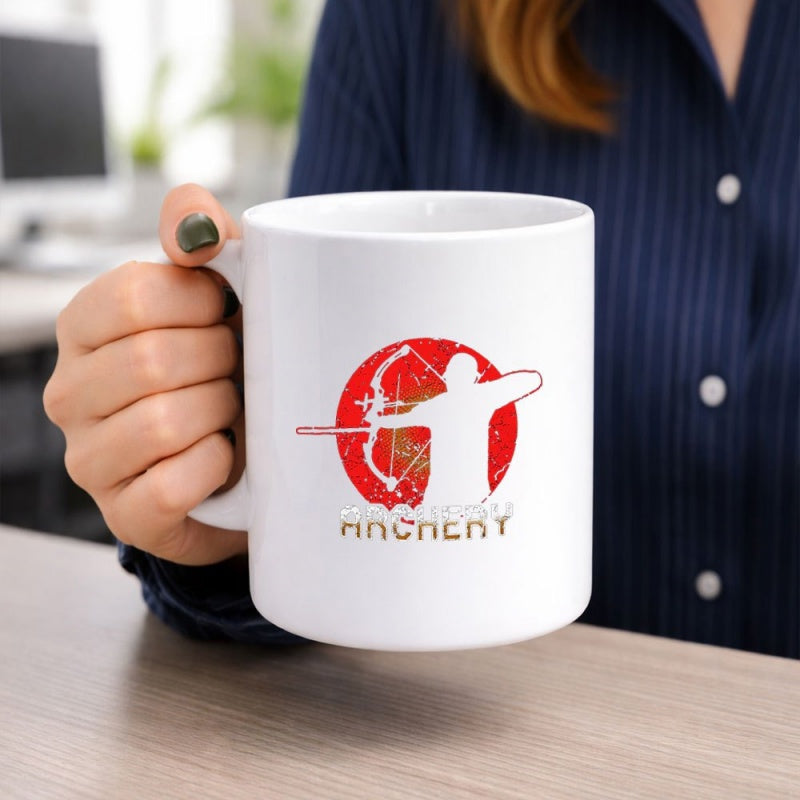 Tailorly White Ceramic 11 oz Mug - Archery Athletic Silhouette Aiming Bow Against Distressed Red Rising Sun Archer