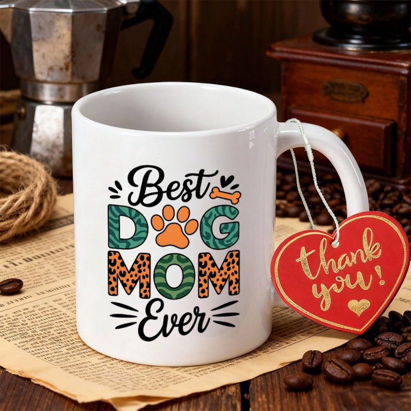 Tailorly White Ceramic 11 oz Mug - Best Dog Mom Ever Artistic Paw Print With Leopard Pattern Inside Bold Letters Mug