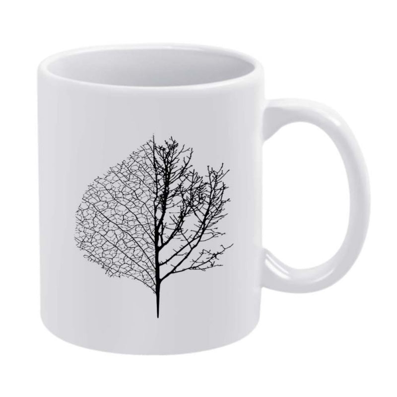Tailorly White Ceramic 11 oz Mug - Minimalist Black Silhouette Featuring Intricate Vein Patterns And Bare Winter Branches Leaf