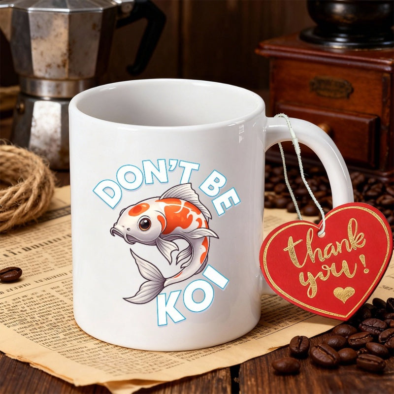Tailorly White Ceramic 11 oz Mug - Don't Be Koi Stylized Orange Spotted Fish Gracefully Swimming Within Modern Typography Frame Koi