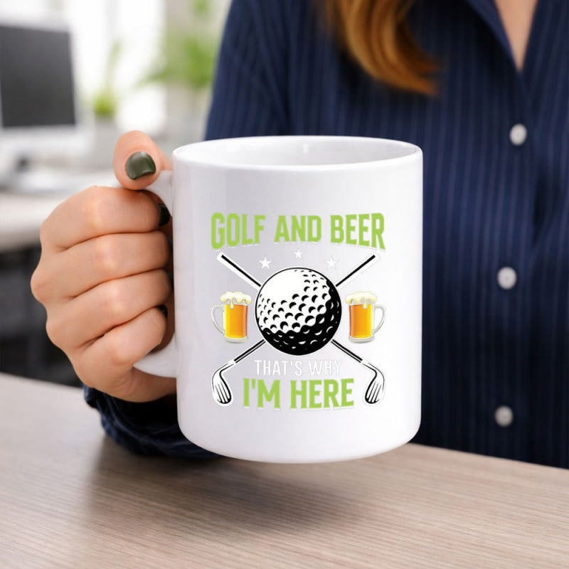 Tailorly White Ceramic 11 oz Mug - Golf And Beer That S I M Here Sporting Equipment With Crossed Clubs And Refreshing Foamy Pints Golf Ball