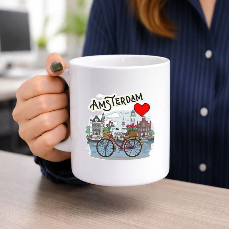 Tailorly White Ceramic 11 oz Mug - Amsterdam Scenic European Waterfront Architecture With Red Heart Balloon And Vintage Bicycle