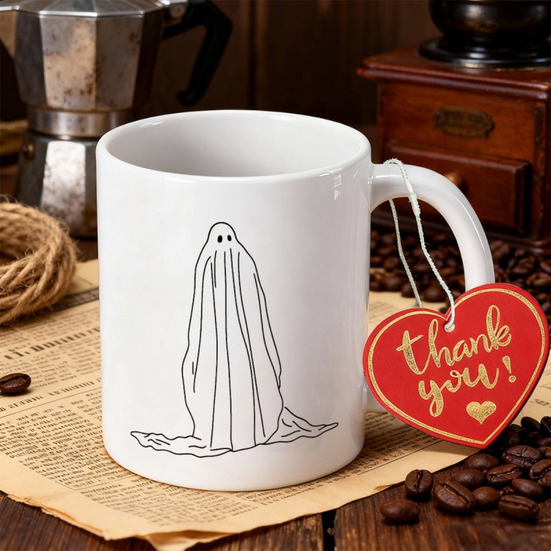 Tailorly White Ceramic 11 oz Mug - Thank You Minimalist Black Line Drawing Of A Spooky Sheet Ghost