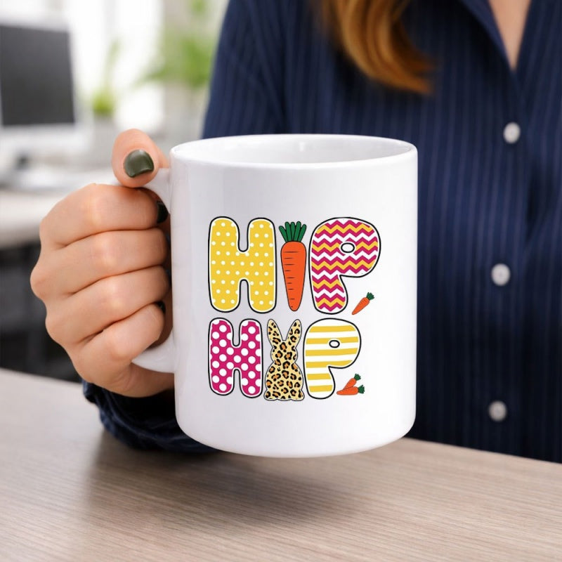 Tailorly White Ceramic 11 oz Mug - Hip Hop Colorful Patterned Letters Featuring Carrot And Bunny Ears Rabbit
