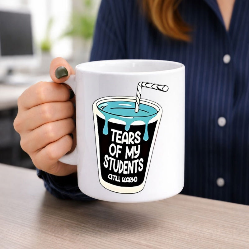 Tailorly White Ceramic 11 oz Mug - Tears Of My Students Still Warm Illustrative Cup Filled With Blue Liquid And Striped Straw Among Dripping Effects Mug