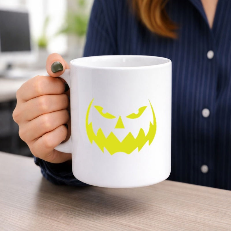 Tailorly White Ceramic 11 oz Mug - Scary Glowing Face Silhouette With Jagged Teeth For Spooky Celebration Pumpkin