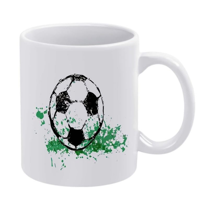Tailorly White Ceramic 11 oz Mug - Artistic Splatter Design With Vibrant Green Ink Splashes Behind Soccer Ball