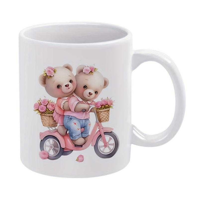 Tailorly White Ceramic 11 oz Mug - Two Adorable Teddy Bears Riding A Pink Tricycle Decorated With Beautiful Roses Bears